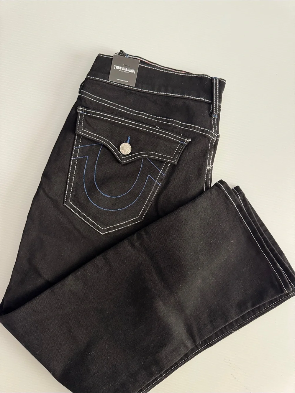 True Religion Men’s Black Straight Jeans with Contrast Stitching